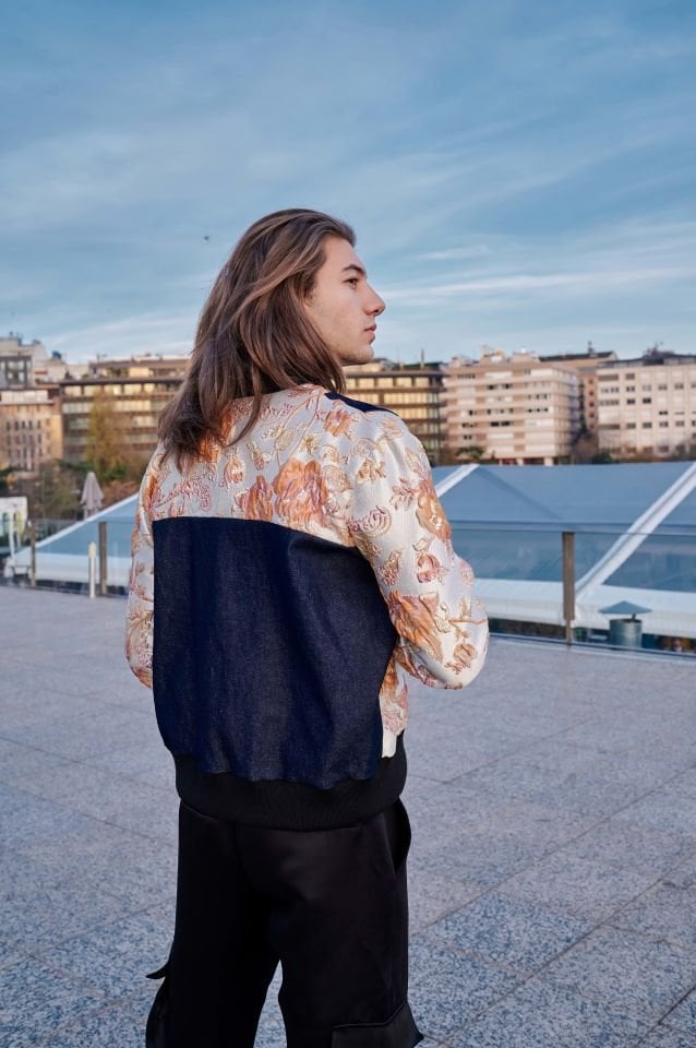 Denim Brocade Bomber Jacket