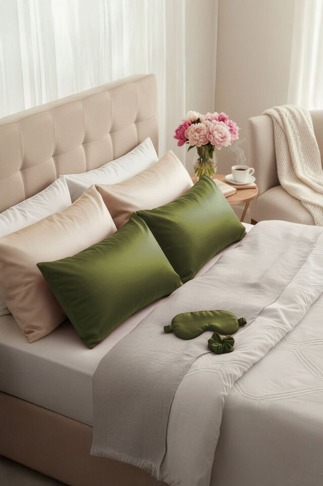 %100 İpek Yastık Kılıfı 50x70 cm - HAKİ YEŞİLİ