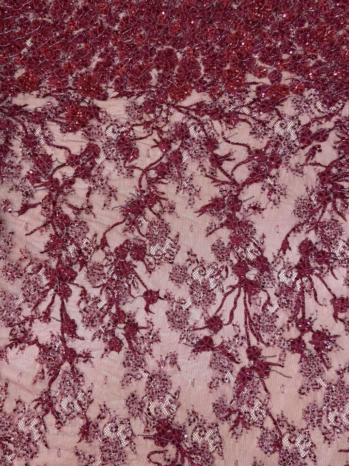 3D Embrodery Fransız Dantel 1 Metre Bordo Kumaş (col-23-2513)