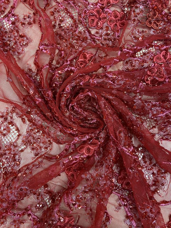 3D Embrodery Fransız Dantel 1 Metre Kırmızı Kumaş (col-23-2514)