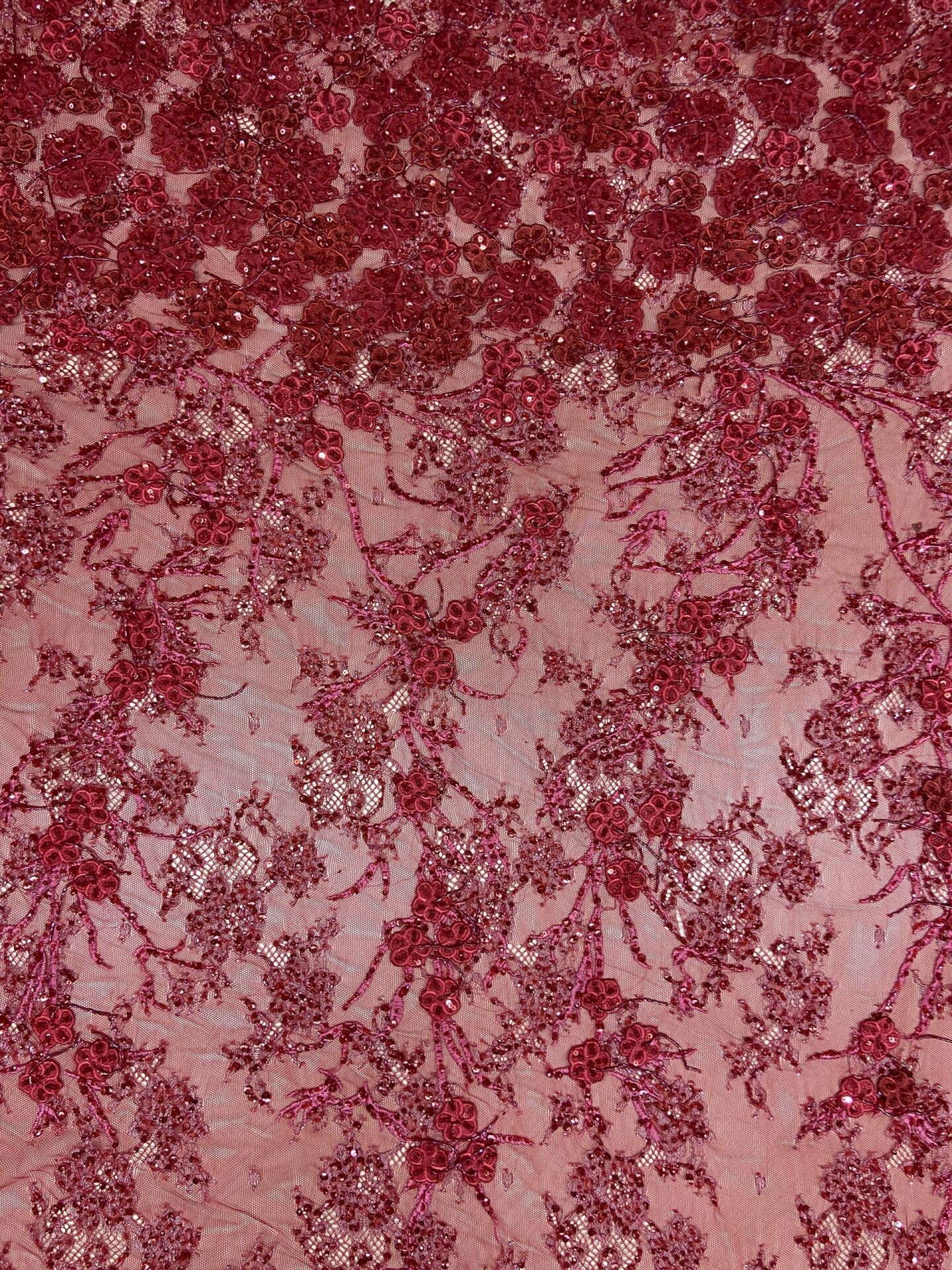 3D Embrodery Fransız Dantel 1 Metre Kırmızı Kumaş (col-23-2514)