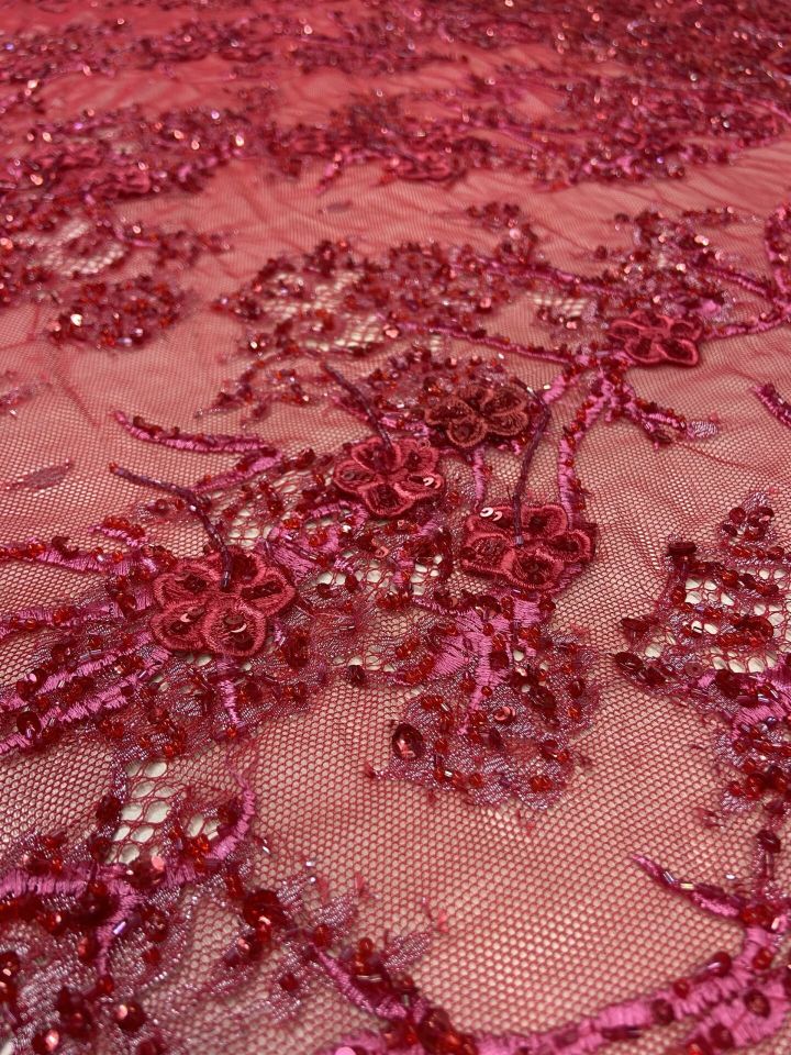 3D Embrodery Fransız Dantel 1 Metre Kırmızı Kumaş (col-23-2514)