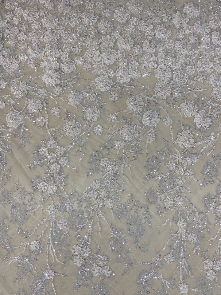 3D Embrodery Fransız Dantel 1 Metre Kırık Beyaz Kumaş (col-23-2515)
