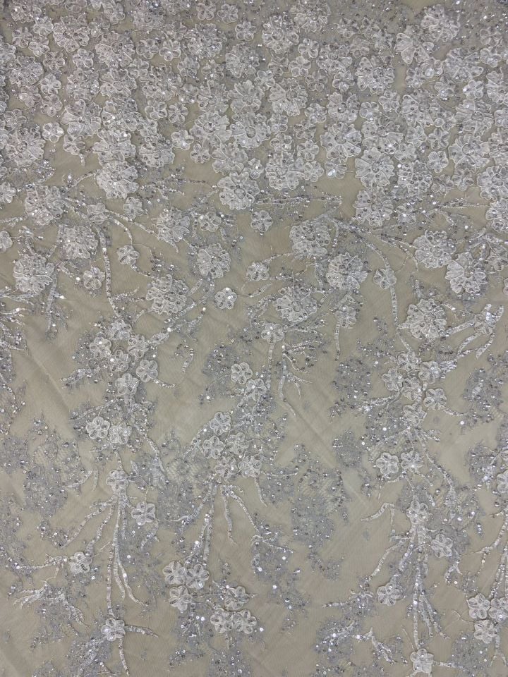 3D Embrodery Fransız Dantel 1 Metre Kırık Beyaz Kumaş (col-23-2515)